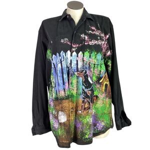 Marguerita Hand Painted Denim Shirt Women M Black Dog Garden Floral Vintage